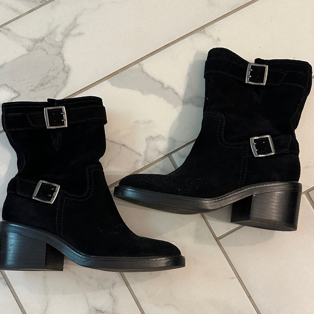 Vince Camuto Black Heeled faux suede Boots with Buckle Detail